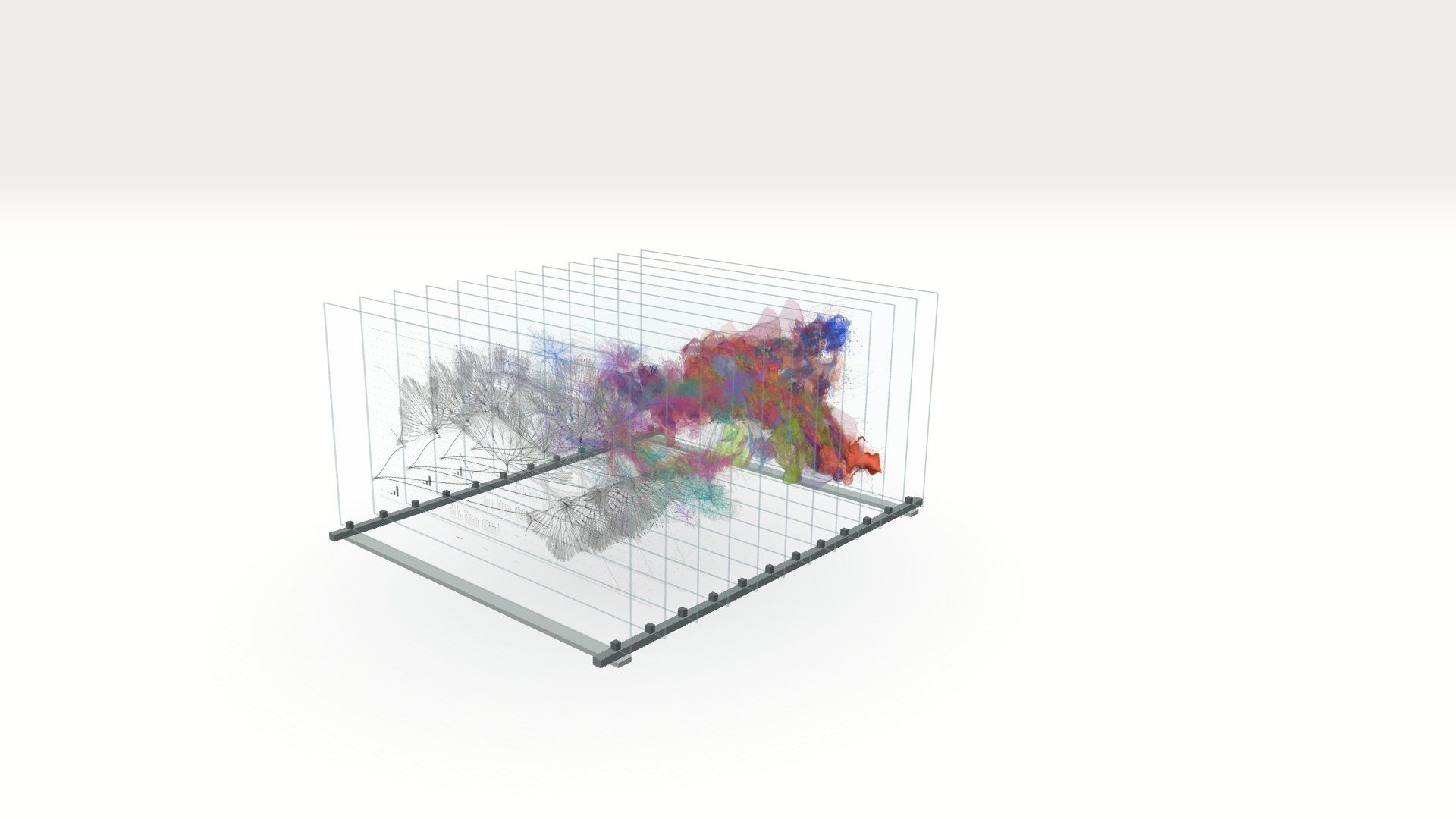 The existing installation study with twelve parallel transparent panels and procedural artwork